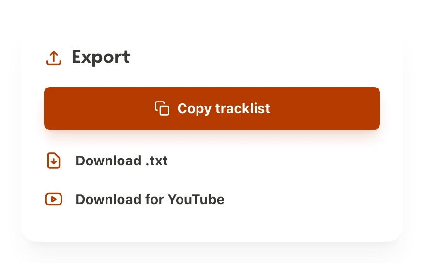The setlist.id export panel: Copy tracklist, Download .txt and Download for YouTube