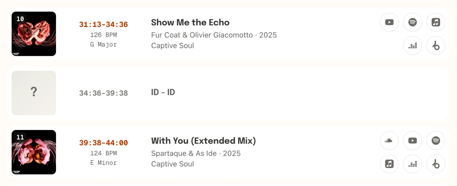 Show Me the Echo by Fur Coat & Olivier Giacomotto, an unidentified stretch from 34:36 to 39:38 marked ID - ID, then With You (Extended Mix) by Spartaque & As Ide, in a setlist.id tracklist