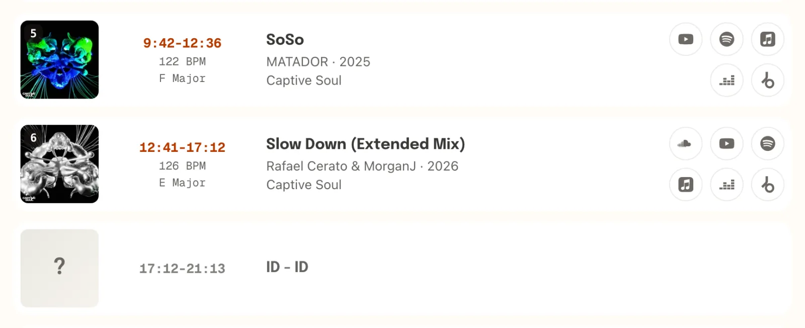 SoSo by MATADOR and Slow Down by Rafael Cerato & MorganJ in a setlist.id tracklist, then an unidentified stretch from 17:12 to 21:13 marked ID - ID