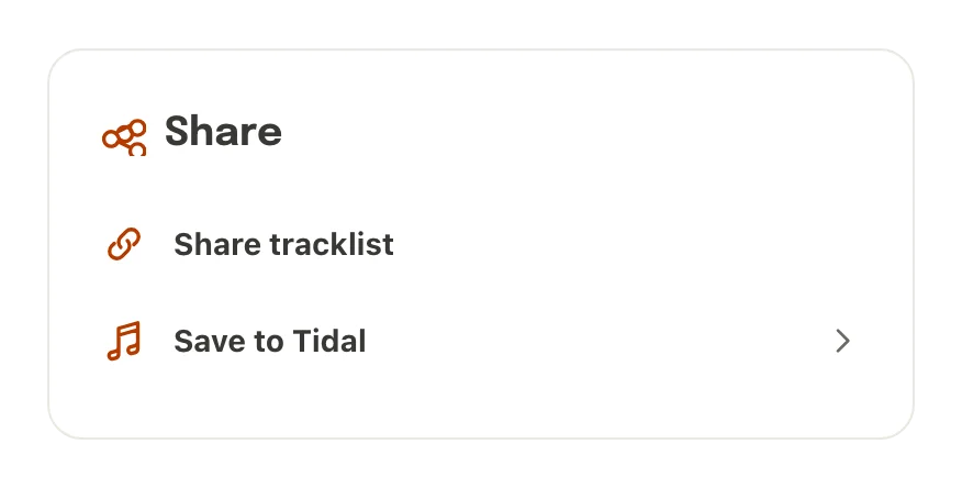 The setlist.id share panel: Share tracklist and Save to Tidal