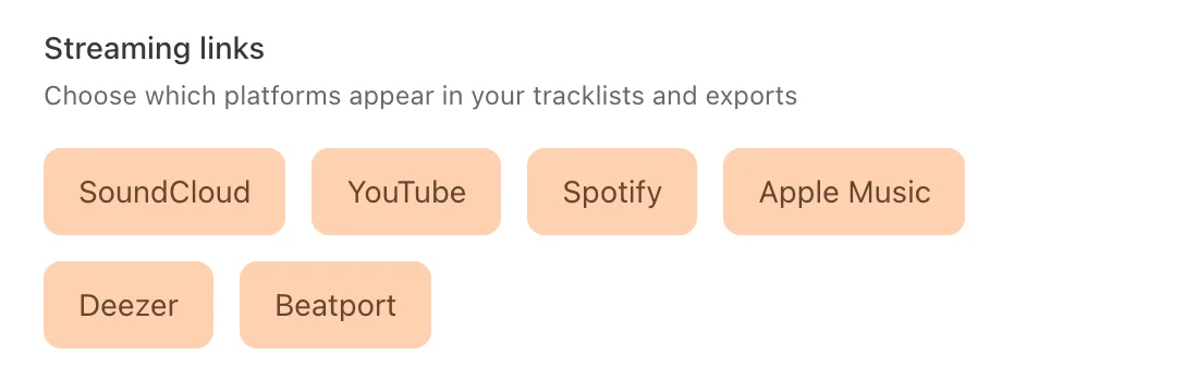 setlist.id streaming links setting, a toggle each for SoundCloud, YouTube, Spotify, Apple Music, Deezer and Beatport