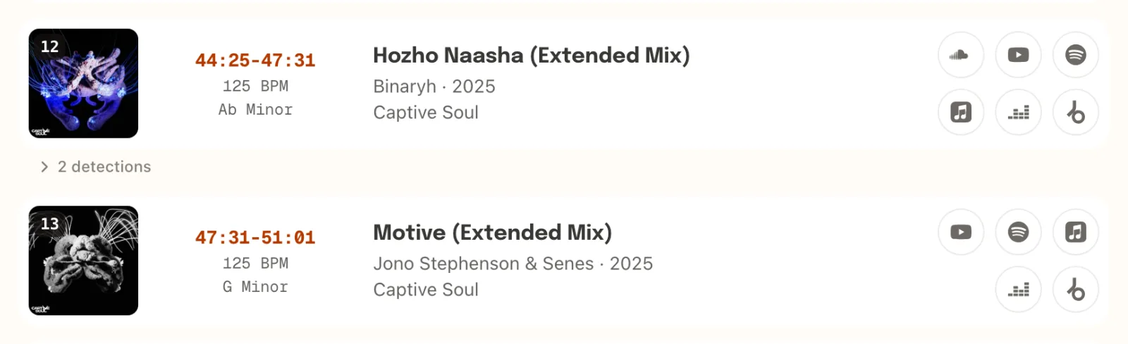 Hozho Naasha (Extended Mix) by Binaryh and Motive (Extended Mix) by Jono Stephenson & Senes in a setlist.id tracklist, each with start and end time, BPM, key, label and store links